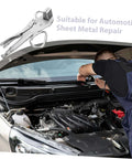 Mechanic using heavy duty pulling pliers clamp for auto body sheet metal repair under car hood