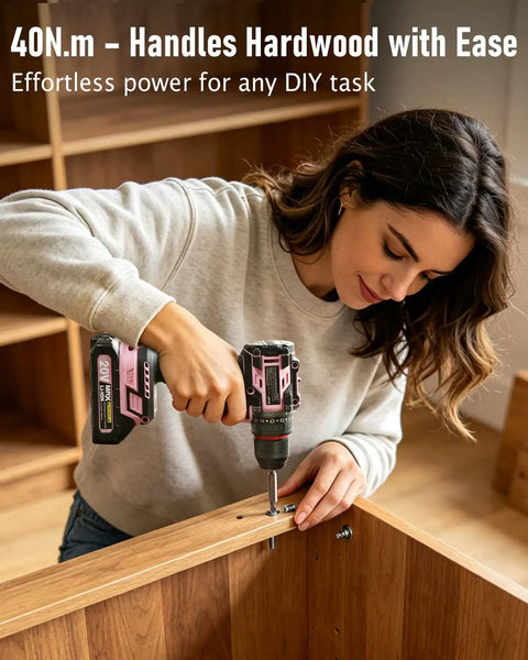 Person using Brushless 20V Cordless Drill Driver Kit With 2.0Ah Battery And Charger, 3/8-Inch Metal Chuck, pink, on wooden shelf.