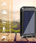 Rugged 8000mAh Solar Charger Power Bank For Outdoor Adventures, waterproof, with USB C ports, carabiner, compass, and LED flashlight on wooden surface.