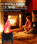 Family enjoying 3D LED Fake Campfire Flame Light With Realistic Flicker next to a real fireplace indoors, enhancing holiday ambiance.