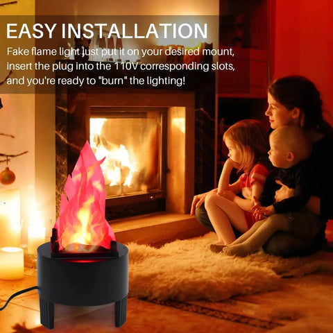 Family enjoying 3D LED Fake Campfire Flame Light With Realistic Flicker next to a real fireplace indoors, enhancing holiday ambiance.
