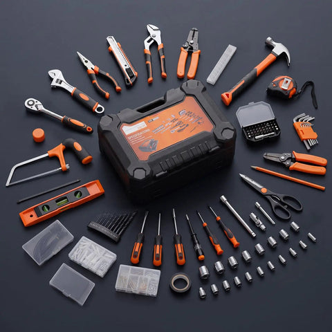 330 Piece Home Repair Tool Kit With Pull Out Drawer For Easy Access Carbon And Cr V Steel Tools In Durable Toolbox A Must Have For Home DIY Projects And Auto Maintenance Fully Organized Black Yellow kit displayed on table