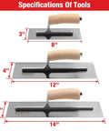 Carbon Steel Drywall Trowel Set With Lightweight Wood Handles Includes 14x4, 12x4, 8x3 Inch Masonry Plastering Trowels dimensions.