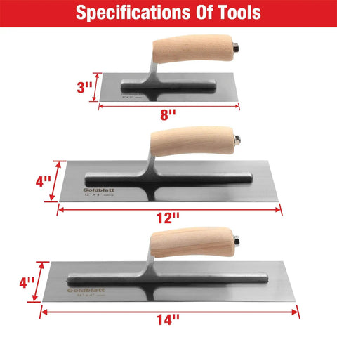 Carbon Steel Drywall Trowel Set With Lightweight Wood Handles Includes 14x4, 12x4, 8x3 Inch Masonry Plastering Trowels dimensions.