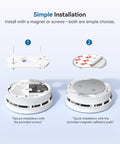 Smoke Detector With Ten Year Sealed Battery For Home Fire Warning And Family Safety System Quick Setup installation options with screws and adhesive pads.