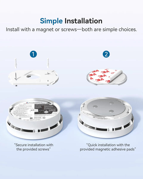 Smoke Detector With Ten Year Sealed Battery For Home Fire Warning And Family Safety System Quick Setup installation options with screws and adhesive pads.
