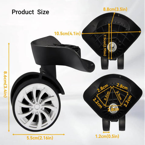 Silent And Smooth Rolling Luggage Wheel Replacement Kit Featuring Rock Solid Steel Axles With Super Flexible 360 Degree Swiveling Casters For Travel Gear Sets, side view with measurements