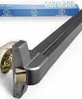 Beefed Up Heavy Duty Panic Bar For Exit Doors Push Bar Panic Exit Device Built For High Traffic Commercial Doors With Crash Bar Emergency Door Opener Lock And Keypad Compatible Grade 1 UL And ADA Compliant, shown in black with attached emergency door opener and packaging.