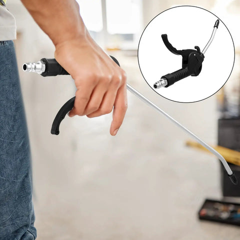 Heavy Duty 6 Piece Air Blow Gun Kit With Pistol Grip Handles, user holding air blow gun with elongated nozzle for quick cleaning.