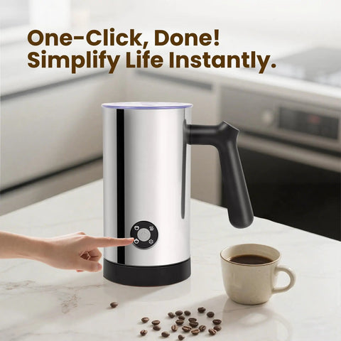 4 In 1 Milk Frother And Steamer With 10 6 Oz Capacity Electric Foam Maker For Lattes Cappuccinos And Chocolate Cold And Hot Foam Ceramic Lined Interior 500W Barista Level on a kitchen counter