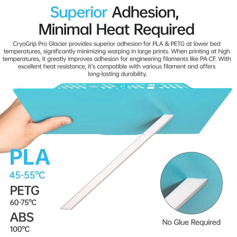 CryoGrip Pro Glacier Panda Double Sided Build Plate shown with hand holding blue plate, highlighting adhesion and temperature range.