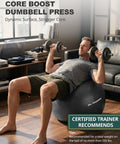 Man performing dumbbell press on Badass Anti Slip Yoga Ball With Included Quick Pump Super Durable Frosted Grip Shell.