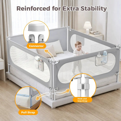 Child with Three Side Queen Size Bed Rail For Toddlers With Headboard Rod No Drill Baby Guard Adjustable Side Rails For Kids Safety Straps