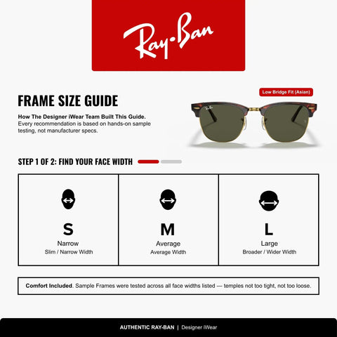 Frame size guide for Clubmaster Low Bridge Fit Square Sunglasses with G-15 Green Lenses, 55mm Tortoise on Gold Frame, Unisex Shades