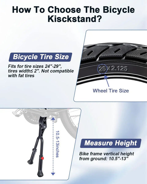 Adjustable Double Leg Bike Kickstand For 24 To 29 Inch Bikes Aluminum Alloy Non Slip Center Mount Stand measurement guide.