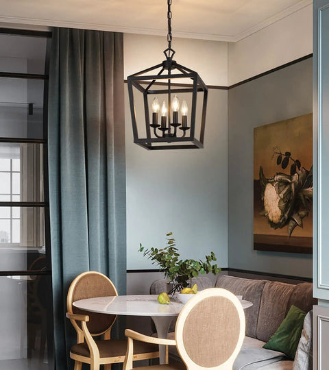 Farmhouse Rustic Black Lantern Chandelier Hanging Light Fixture With Four Lights for Kitchen Island and Dining Room Hallway