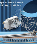 Heavy Duty Deep Fryer Thermostat RX-1-36 Replacement For Pitco 60125401 And Royal Range 3113 close-up, coiled design, dimensions shown