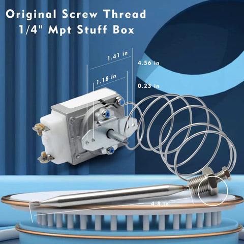 Heavy Duty Deep Fryer Thermostat RX-1-36 Replacement For Pitco 60125401 And Royal Range 3113 close-up, coiled design, dimensions shown