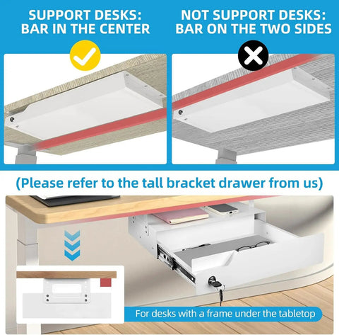 No Sweat Under Desk Drawer Storage With Heavy Duty Steel Tray And Secure Copper Lock For Papers Laptops And Pencils Plus Silent Ball Bearing Slides. Image shows installation guide for desks.