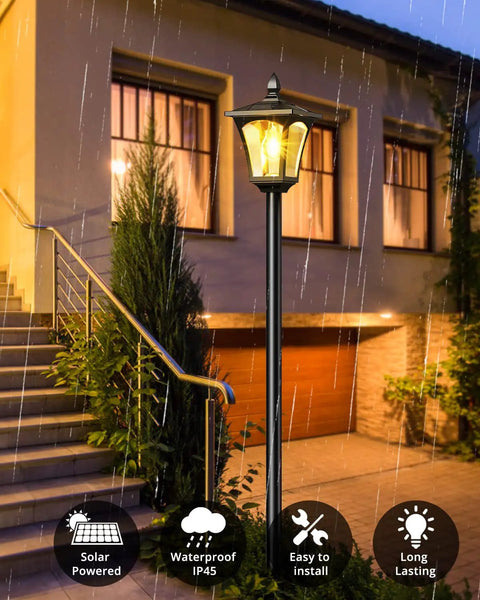 64 Inch Solar Lamp Post Light With Planter, Waterproof Outdoor Post Lights for Backyard illuminating a patio at night