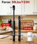 Heavy Duty Gas Struts 30 Lb Force Lift Supports 8 Inch Pair Sx075P30 showing extended and compressed lengths, with installation manual.