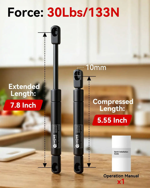 Heavy Duty Gas Struts 30 Lb Force Lift Supports 8 Inch Pair Sx075P30 showing extended and compressed lengths, with installation manual.