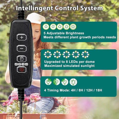 Control panel for Seed Starter Tray Kit No Fuss With Heat Mat And Grow Light, featuring adjustable brightness and timing options.