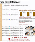 Cabinet handle size reference chart with installation instructions and handle height suggestions in millimeters and inches.