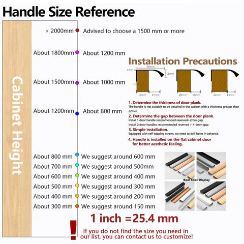 Cabinet handle size reference chart with installation instructions and handle height suggestions in millimeters and inches.