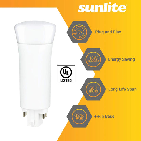 LED Plug And Play Light Bulb 9W Replacement For 26W CFL, G24q Base, UL Listed, product features displayed