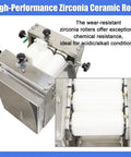 Heavy Duty 110V Triple Roll Mill Grinder With Zirconia Ceramic Rolls and Stainless Steel Tray showing ceramic rollers and motor assembly.