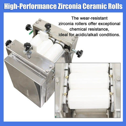 Heavy Duty 110V Triple Roll Mill Grinder With Zirconia Ceramic Rolls and Stainless Steel Tray showing ceramic rollers and motor assembly.