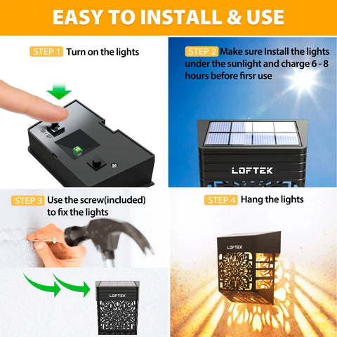 Sun Powered Deck And Fence Lights Two Pack Outdoor waterproof Patio Decor Dusk To Dawn Warm White Glow install steps graphic