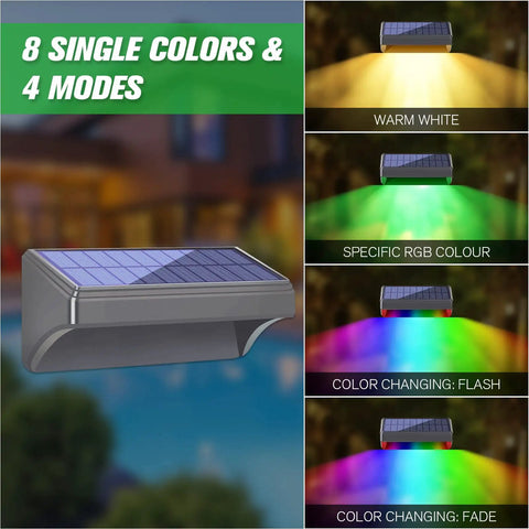 Plus Size Solar Fence Lights 8 Pack With Warm White And RGB Color Changing Outdoor Waterproof Pathway Accent Lamps 8 Colors 4 Modes display