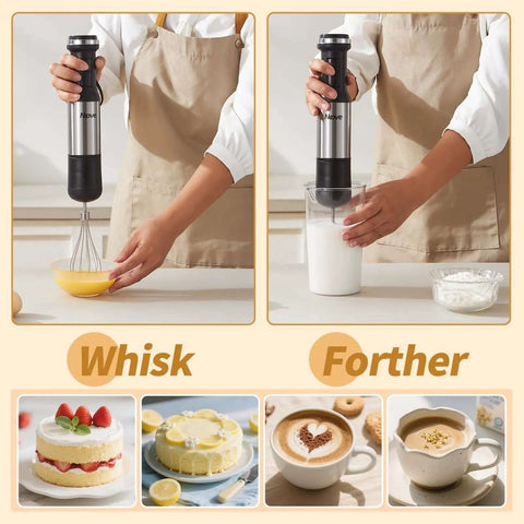Workhorse 800 Watt Corded Handheld Stick Blender With Five Piece Kitchen Bundle whisking ingredients and frothing milk.