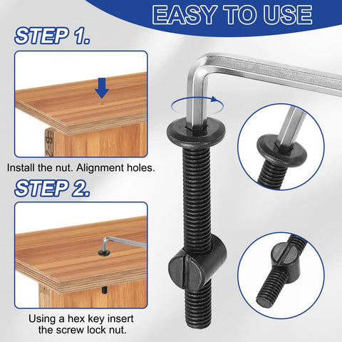 Beefed Up Zinc Plated Carbon Steel Hex Socket Cap Screws Set for Furniture Assembly, installation steps with hex key.