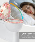 Elongated Resin Toilet Seat for Bathroom Decor with floral design, showcasing quiet closing feature, fits standard toilets.
