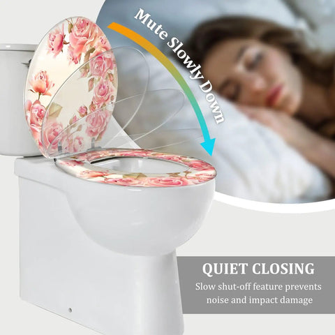 Elongated Resin Toilet Seat for Bathroom Decor with floral design, showcasing quiet closing feature, fits standard toilets.