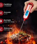 Digital Meat Thermometer With Instant Read In 1 To 2 Seconds Waterproof Food Thermometer With A 5.1 Inch Extra Long Probe For Cooking Grilling Barbecue Confectionery And A Handy Gift For Friends And Family being used on grilled steak