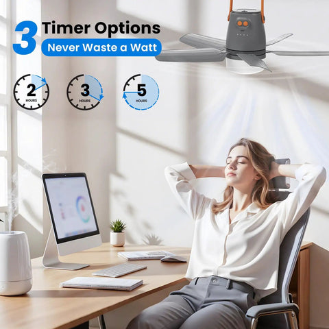 Straight Up Badass 21 Inch Portable Ceiling Fan With Built In Rechargeable Battery And Wireless Remote Bright Led Light, woman relaxing near fan.