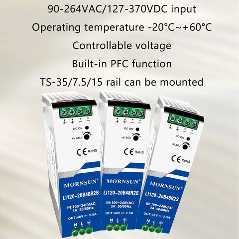 Built Tough 120W 48V Din Rail Power Supply AC DC Universal Input Industrial Grade showing three models with connection terminals.