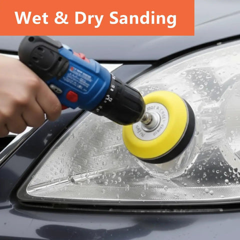 3 Inch Sanding Disc Drill Polishing Kit For Headlight Restoration with wet and dry sandpaper in use on car headlight