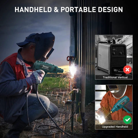 Person using Portable 110V Welding Machine Kit With IGBT Inverter Arc Welder, demonstrating handheld welding on metal structure.