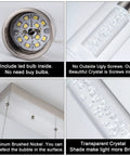 Close-up of Brushed Nickel 5 Light Pendant Fixture Set features, showing LED bulb, crystal shade, and premium nickel finish.