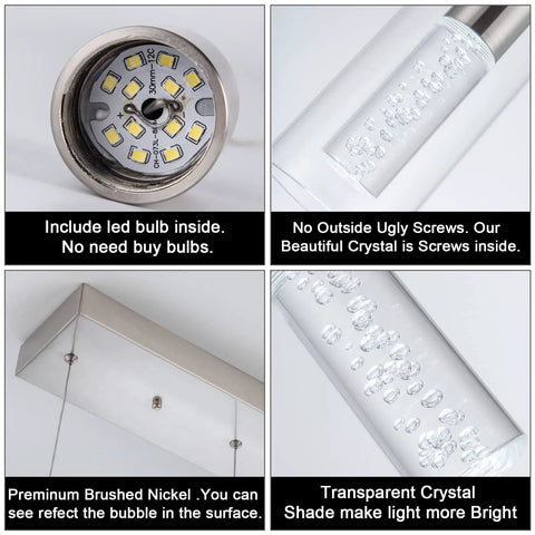 Close-up of Brushed Nickel 5 Light Pendant Fixture Set features, showing LED bulb, crystal shade, and premium nickel finish.