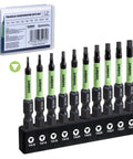 Kickass Triangle Screwdriver Bit Set Built Tough For Impact Drivers And Heavy Workshop Tasks 10 Piece S2 Steel Magnetic Tips arranged in a holder.