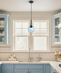 Chill Rustic Glass Mason Jar Pendant Light With Adjustable Cord For Flexible Height hanging in a farmhouse kitchen.
