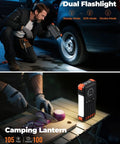 Man using Solar Power Bank With Hand Crank And Four Cables 20000mAh Wireless Portable Charger with flashlight feature on a car tire.