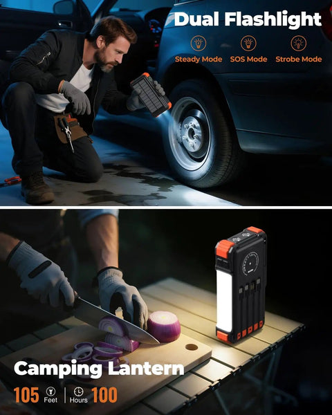 Man using Solar Power Bank With Hand Crank And Four Cables 20000mAh Wireless Portable Charger with flashlight feature on a car tire.