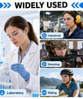 30 Pack Clear Safety Glasses Wrap Around Eye Protection in use at laboratory, industrial site, shooting range, and cycling.